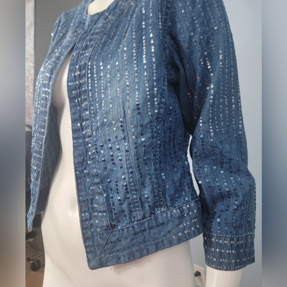 Chico's 100%cotton all sequins open front blue jean jacket size 1 Medium - Picture 4 of 16